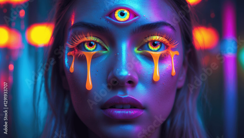 Vibrant artistic portrait featuring a girl with neon colors and third eye symbol at an urban nighttime setting