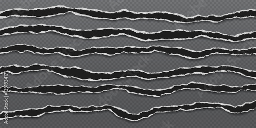 Pieces of horizontal black paper with torn, ripped edges are on black transparent background for text or ad.