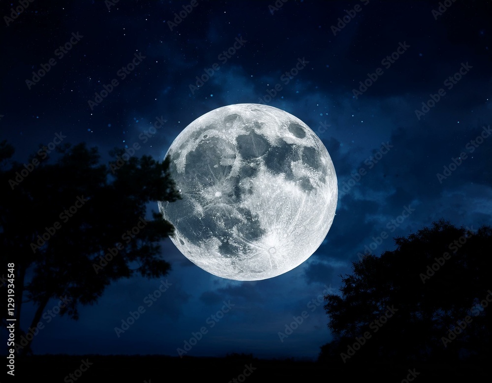 Generated image of supermoon in the Bright full moon in a starry night sky, framed by silhouetted trees, creating a serene and mystical atmosphere. Generated image of supermoon in the Bright full moon in a starry night sky, framed by silhouetted trees, creating a serene and mystical atmosphere.