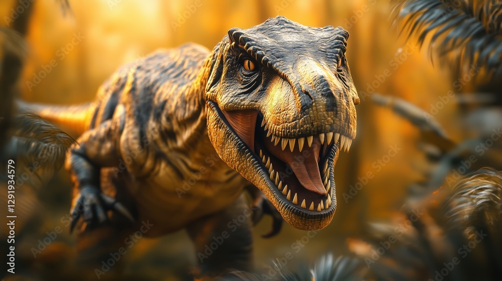 Fototapeta premium A Tyrannosaurus rex dinosaur stands majestically in a dense, prehistoric jungle, roaring with its sharp teeth exposed. The lush vegetation creates a dramatic backdrop