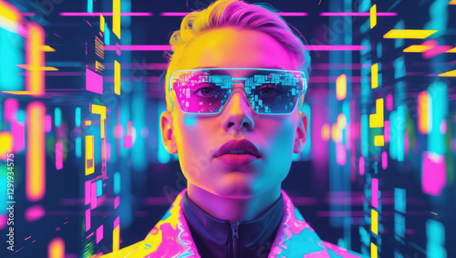 Vibrant neon portrait of a person wearing stylish futuristic sunglasses in a digital environment