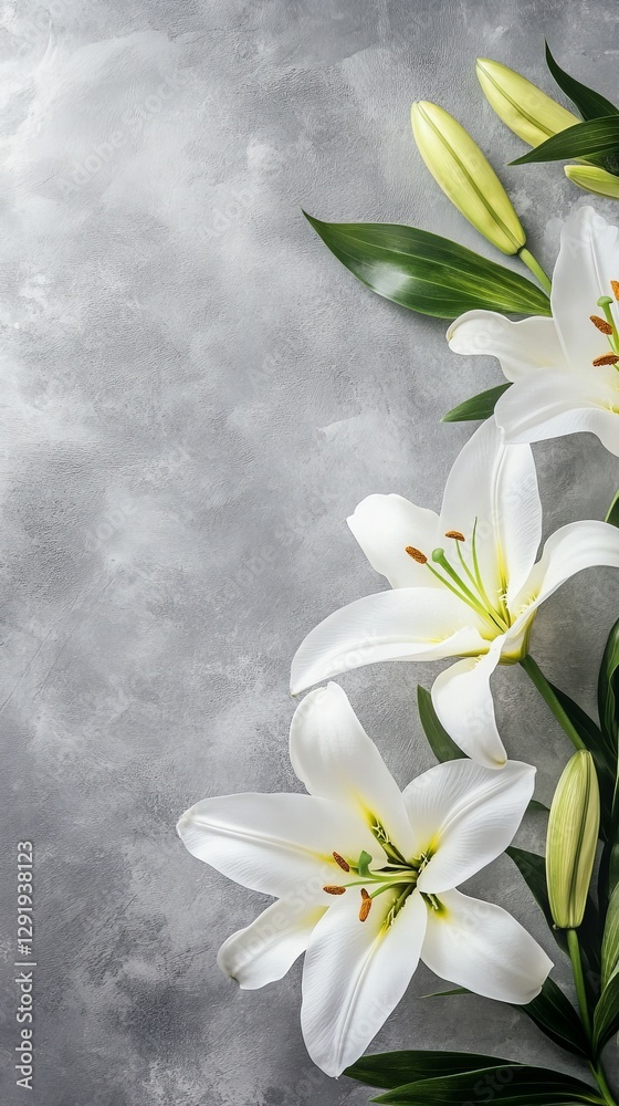 Elegant white lilies on textured gray background with fresh green leaves Elegant white lilies on textured gray background with fresh green leaves