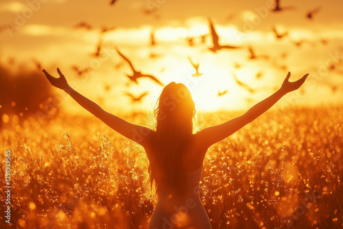 Silhouette of a woman standing in a sunlit field with arms raised, surrounded by birds in flight during a golden sunset, symbolizing freedom and joy.