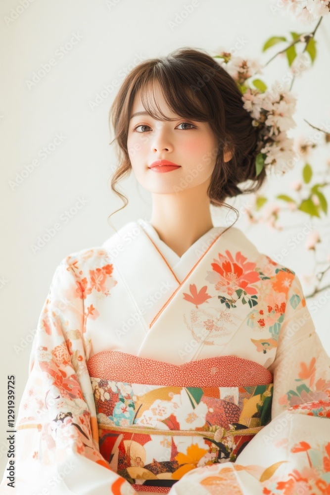 Young Asian woman in a beautiful floral kimono. Young Asian woman in a beautiful floral kimono.