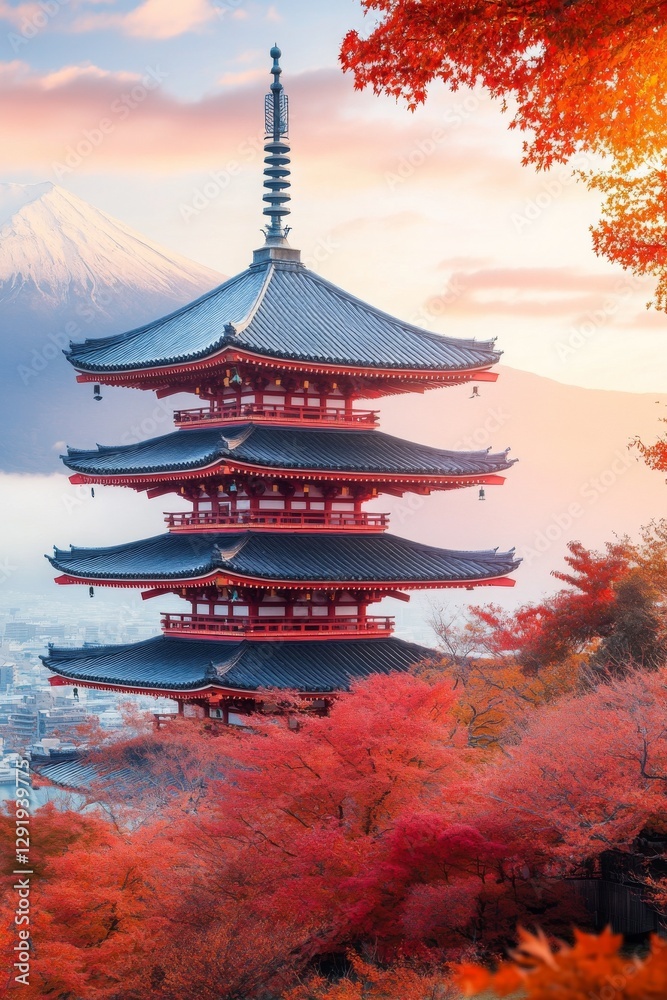 Fototapeta premium Serene Japanese pagoda, autumn leaves, mountain backdrop. Peaceful scene.