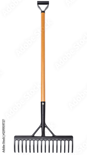 spring season equipment, Garden rake with a wooden handle isolated on a white background. photo