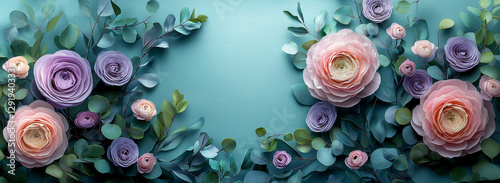 Beautiful Spring background with copy space. Paper Flowers and green leaves composition. Pastel Teal Postcart template for Mother's Day or Wedding invitations