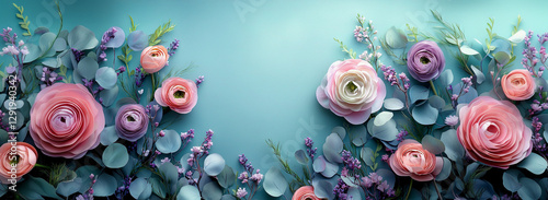 Beautiful Spring background with copy space. Paper Flowers and green leaves composition. Pastel Teal Postcart template for Mother's Day or Wedding invitations