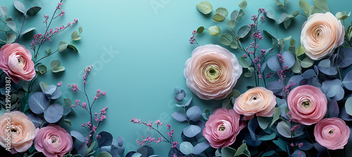 Beautiful Spring background with copy space. Paper Flowers and green leaves composition. Pastel Teal Postcart template for Mother's Day or Wedding invitations