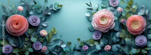 Beautiful Spring background with copy space. Paper Flowers and green leaves composition. Pastel Teal Postcart template for Mother's Day or Wedding invitations