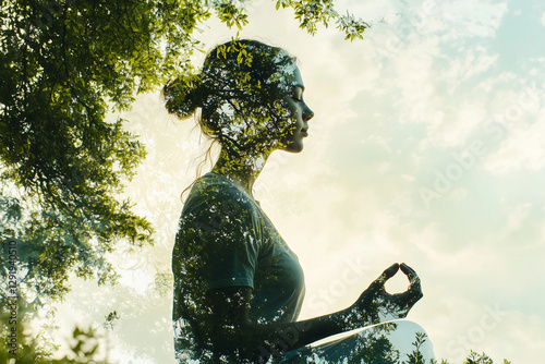 Surreal image of a woman meditating in nature, blending harmoniously with trees and leaves in a double exposure effect.