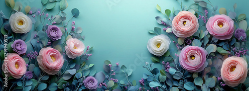 Beautiful Spring background with copy space. Paper Flowers and green leaves composition. Pastel Teal Postcart template for Mother's Day or Wedding invitations