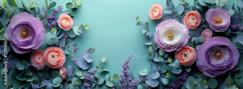 Beautiful Spring background with copy space. Paper Flowers and green leaves composition. Pastel Teal Postcart template for Mother's Day or Wedding invitations