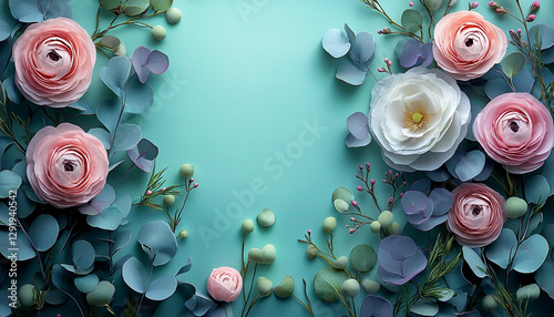 Beautiful Spring background with copy space. Paper Flowers and green leaves composition. Pastel Teal Postcart template for Mother's Day or Wedding invitations