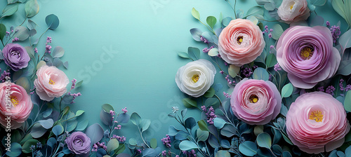 Beautiful Spring background with copy space. Paper Flowers and green leaves composition. Pastel Teal Postcart template for Mother's Day or Wedding invitations