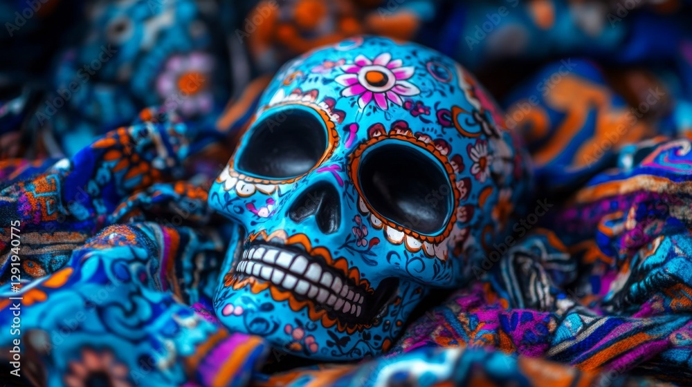 Fototapeta premium Vibrant blue sugar skull rests on patterned fabric. Day of the Dead art.