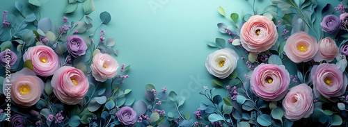 Beautiful Spring background with copy space. Paper Flowers and green leaves composition. Pastel Teal Postcart template for Mother's Day or Wedding invitations
