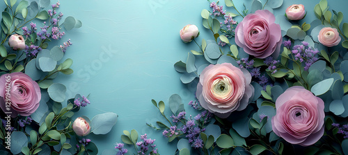 Beautiful Spring background with copy space. Paper Flowers and green leaves composition. Pastel Teal Postcart template for Mother's Day or Wedding invitations
