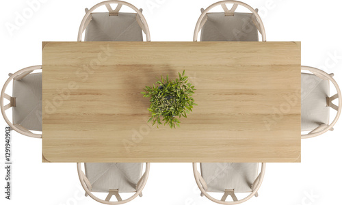Top view of wooden dining table with chairs	