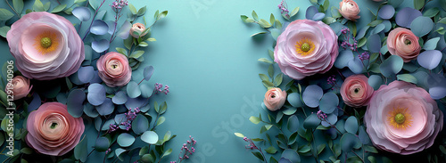 Beautiful Spring background with copy space. Paper Flowers and green leaves composition. Pastel Teal Postcart template for Mother's Day or Wedding invitations