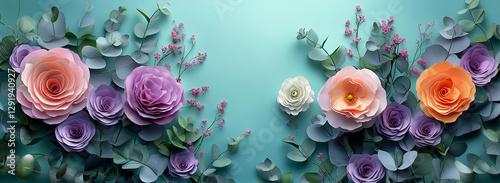Beautiful Spring background with copy space. Paper Flowers and green leaves composition. Pastel Teal Postcart template for Mother's Day or Wedding invitations