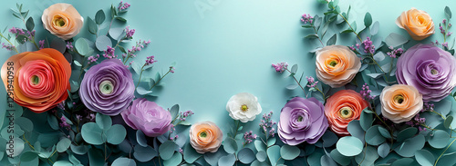 Beautiful Spring background with copy space. Paper Flowers and green leaves composition. Pastel Teal Postcart template for Mother's Day or Wedding invitations