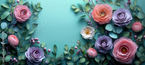Beautiful Spring background with copy space. Paper Flowers and green leaves composition. Pastel Teal Postcart template for Mother's Day or Wedding invitations