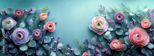 Beautiful Spring background with copy space. Paper Flowers and green leaves composition. Pastel Teal Postcart template for Mother's Day or Wedding invitations