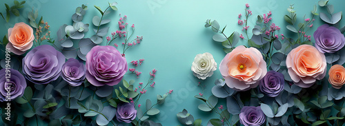 Beautiful Spring background with copy space. Paper Flowers and green leaves composition. Pastel Teal Postcart template for Mother's Day or Wedding invitations