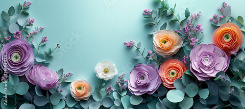 Beautiful Spring background with copy space. Paper Flowers and green leaves composition. Pastel Teal Postcart template for Mother's Day or Wedding invitations
