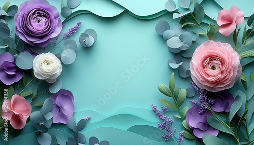 Beautiful Spring background with copy space. Paper Flowers and green leaves composition. Pastel Teal Postcart template for Mother's Day or Wedding invitations