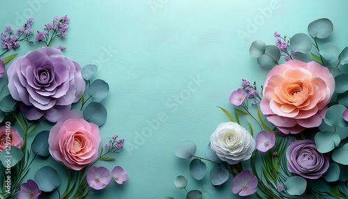 Beautiful Spring background with copy space. Paper Flowers and green leaves composition. Pastel Teal Postcart template for Mother's Day or Wedding invitations