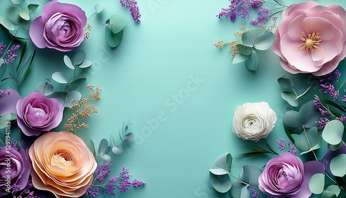 Beautiful Spring background with copy space. Paper Flowers and green leaves composition. Pastel Teal Postcart template for Mother's Day or Wedding invitations