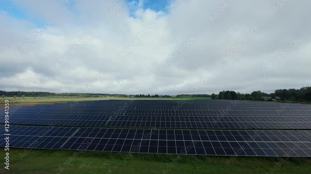 Drone view of large solar farm with rows of panels harnessing sunlight for clean energy, set in rural landscape under partly cloudy sky. Aerial View of Solar Panels Generating Renewable Energy Drone view of large solar farm with rows of panels harnessing sunlight for clean energy, set in rural landscape under partly cloudy sky. Aerial View of Solar Panels Generating Renewable Energy