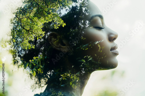 A serene woman meditating outdoors in a peaceful natural setting, depicted with a double exposure effect blending her silhouette with trees and leaves.