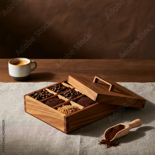 Wooden box with assorted coffee beans, ground coffee, and brown sugar next to an espresso cup