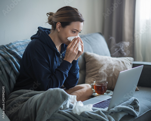 A woman in a dark blue hoodie sits on the couch, blowing her nose into a tissue while working on a laptop. A steaming cup of tea is placed nearby, showing a sick day at home. photo