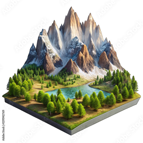 Isometric Mountain Landscape: 3D Render isolated on transparent background