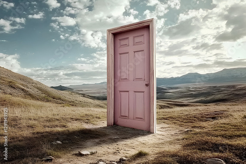 A surreal scene featuring an open door standing alone in the middle of a vast field, symbolizing new opportunities, mystery, and the unknown photo