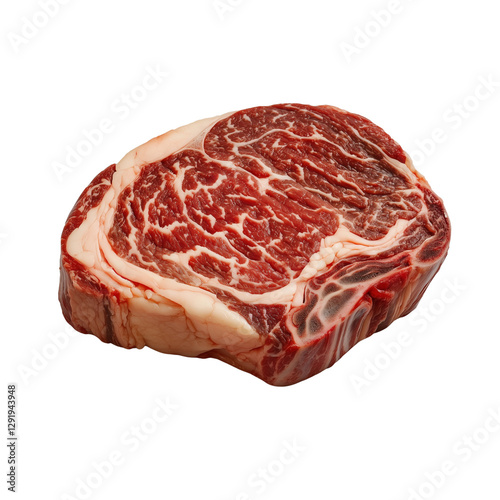 Fresh raw ribeye steak with intricate marbling, isolated on a white background. Ideal for grilling, gourmet meals, or steakhouse dining.
 photo