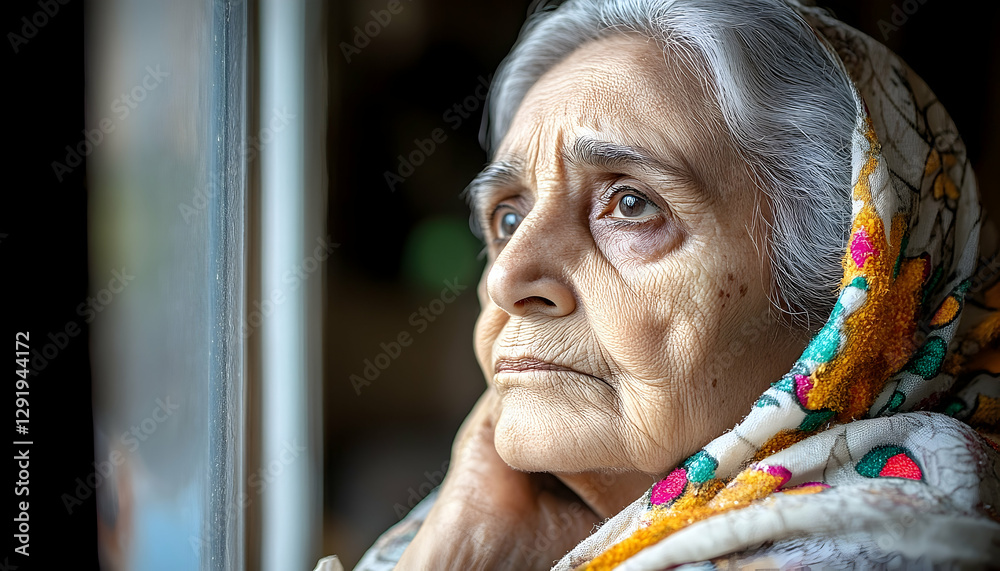 Elderly woman looking out window, thoughtful expression Elderly woman looking out window, thoughtful expression