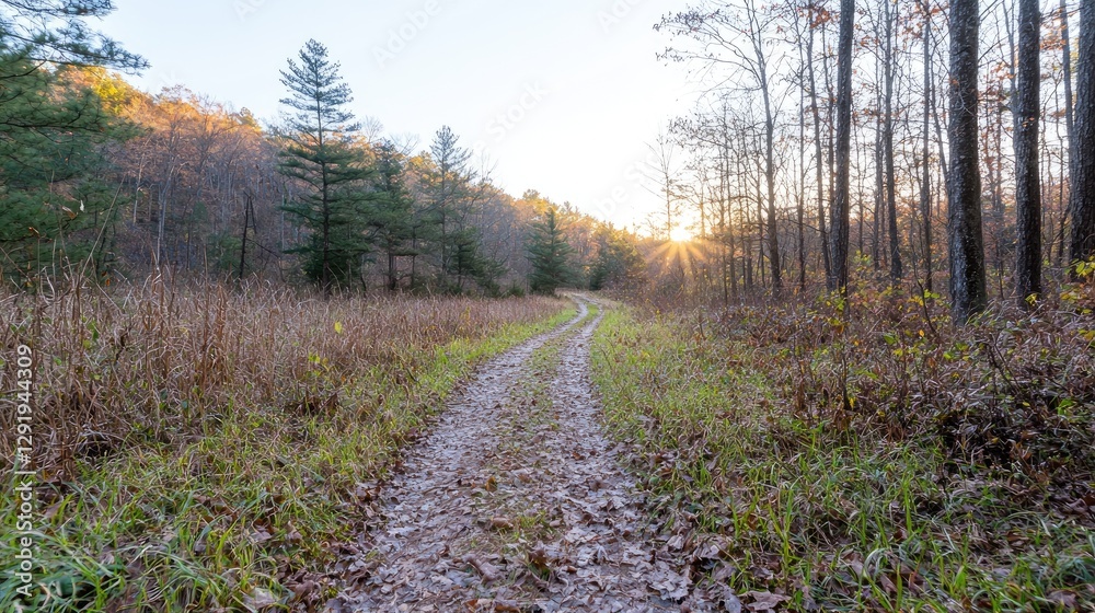 Fototapeta premium Autumn sunset path, forest, nature trail, tranquil scene, background, landscape photography