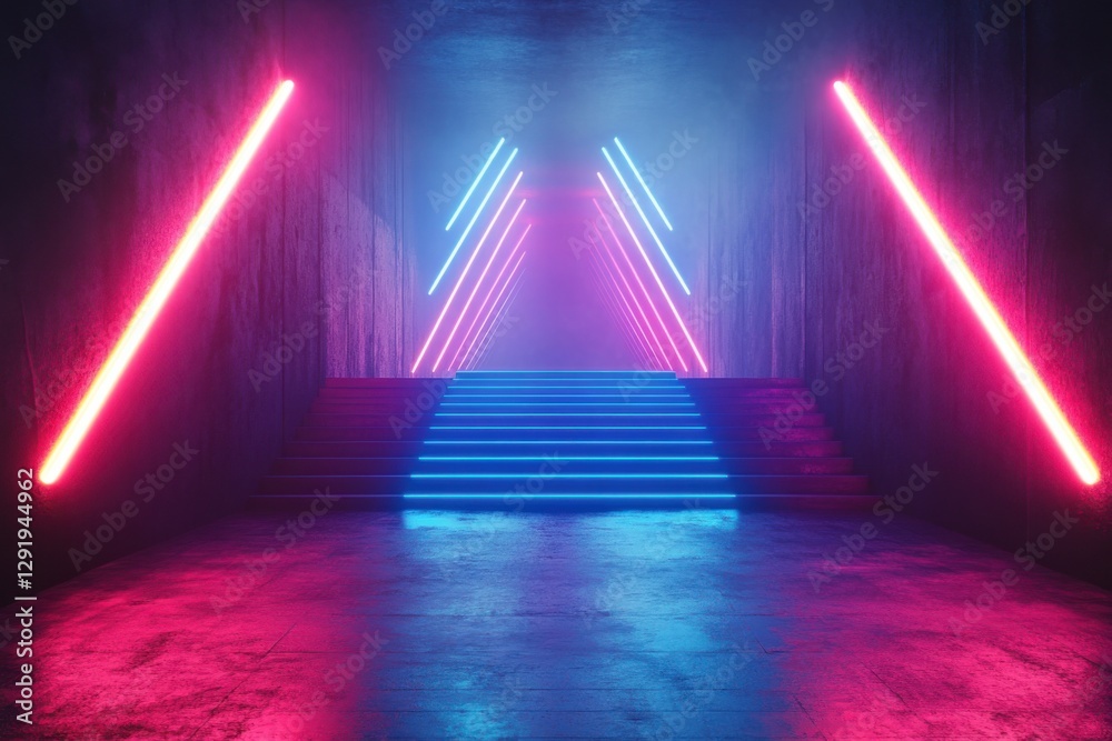 Fototapeta premium Abstract scene with glowing neon arrows, blue and pink, facing opposite directions