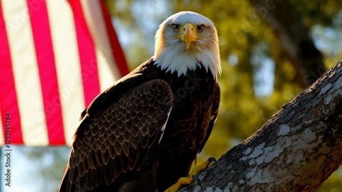 Proud american bald eagle perched majestically on a tree branch, with a gently waving american flag in the background, creating a patriotic scene