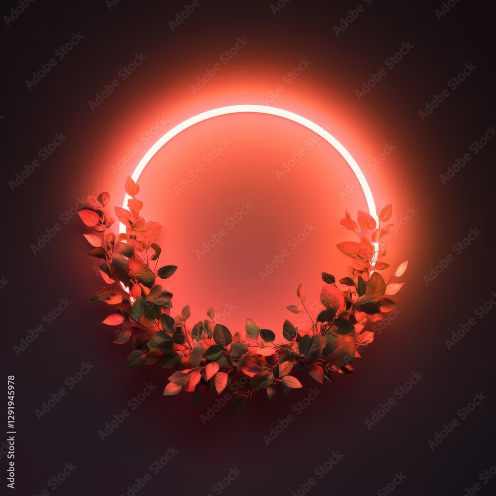 Red Neon Circle with Leaves on Dark Background
