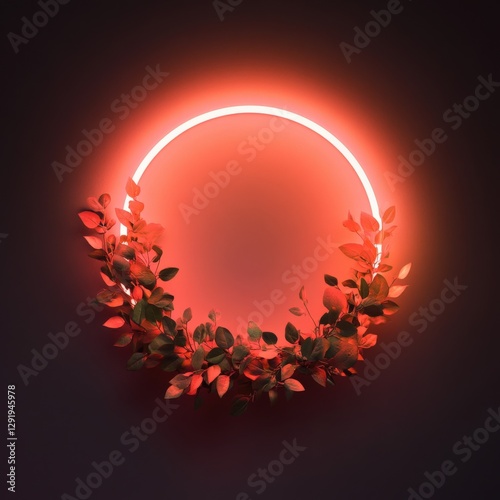 Obraz na płótnie Red Neon Circle with Leaves on Dark Background w salonie