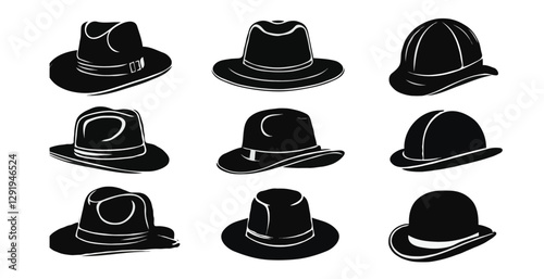 Collection of hats silhouette on white background