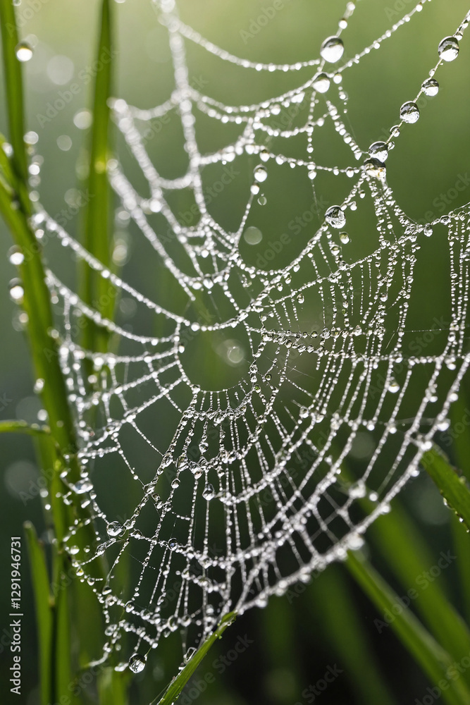 Close-up of a spider web with dew drops, macro photography Close-up of a spider web with dew drops, macro photography