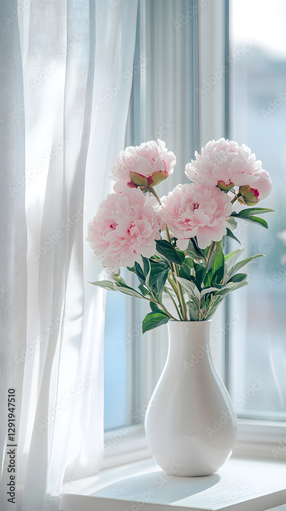 Photograph of a vase with pink peonies on the table in front of a large window, with a white and grey color scheme
Photograph of a vase with pink peonies on the table in front of a large window, with a white and grey color scheme