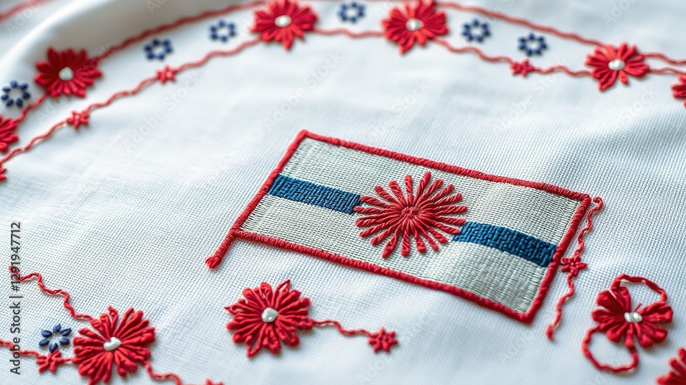 Fototapeta premium Threads of Patriotism: Intricate Embroidery Depicts National Flag on Fabric Surface
